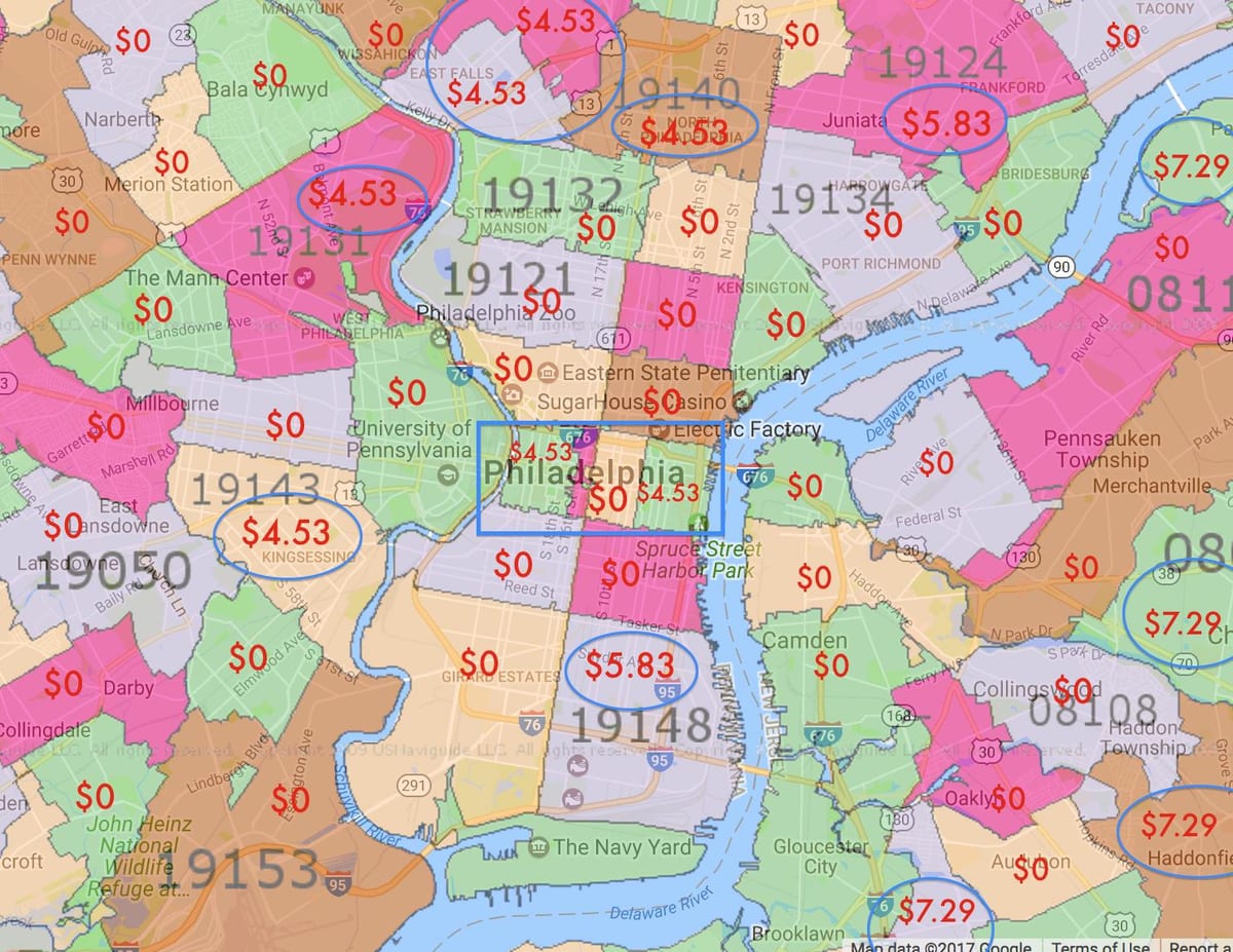 Philadelphie et les zones environnantes de la carte