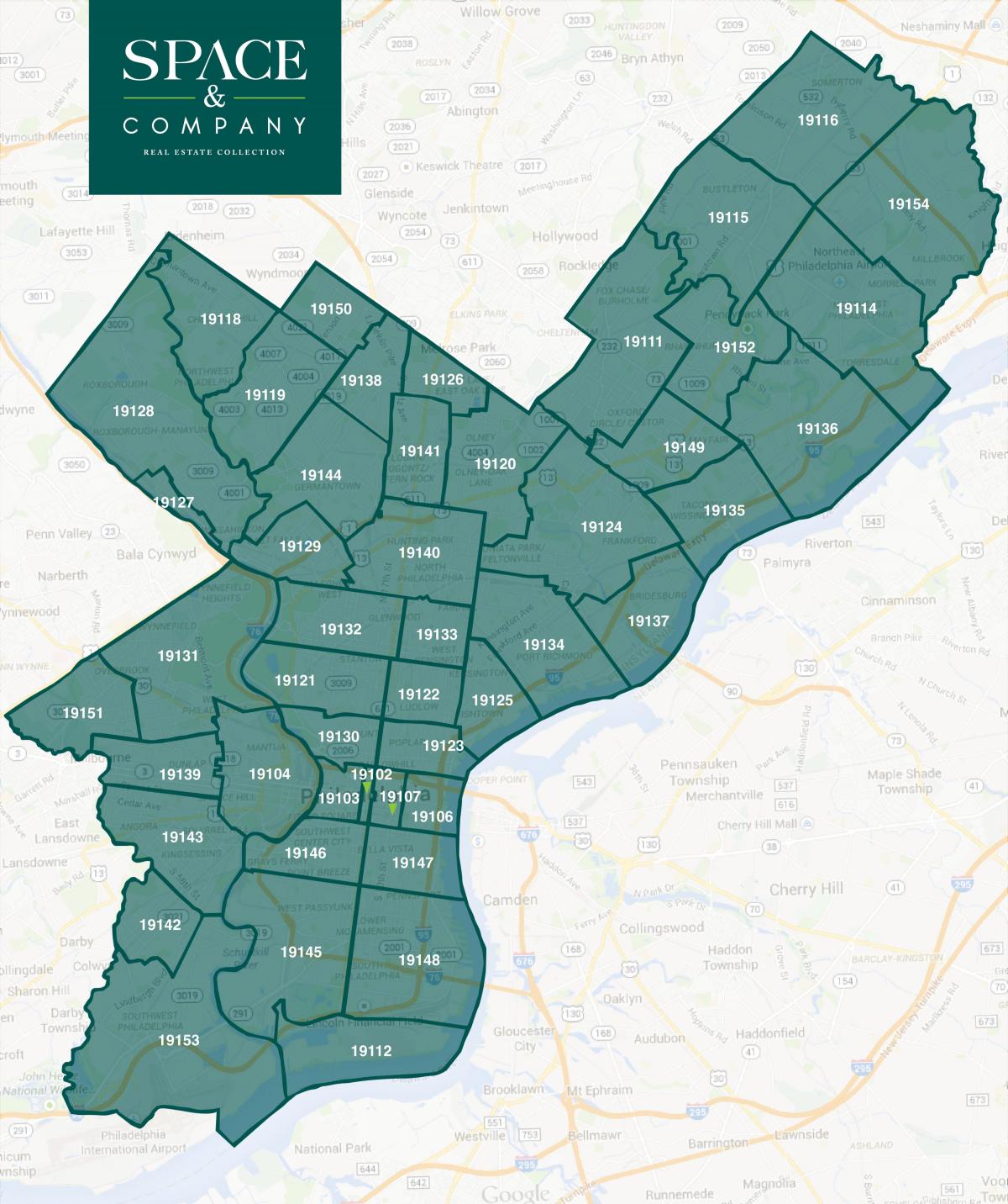 la carte de Philadelphia, les quartiers et les codes postaux